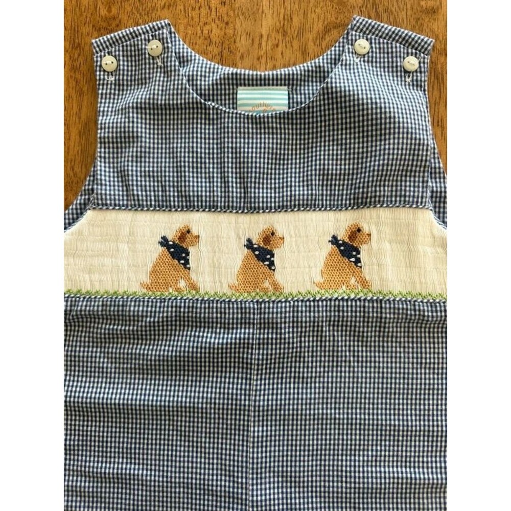 Southern Sunshine 9M Smocked Dog Gingham Jon Jon Romper Navy Blue